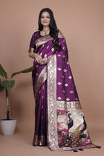 image, Elegant Purple Silk Saree with Peacock Design and Golden Border