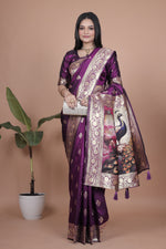 image, Elegant Purple Silk Saree with Peacock Design and Golden Border