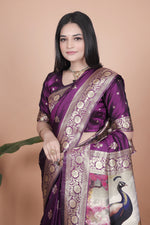 image, Elegant Purple Silk Saree with Peacock Design and Golden Border
