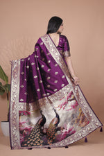 image, Elegant Purple Silk Saree with Peacock Design and Golden Border