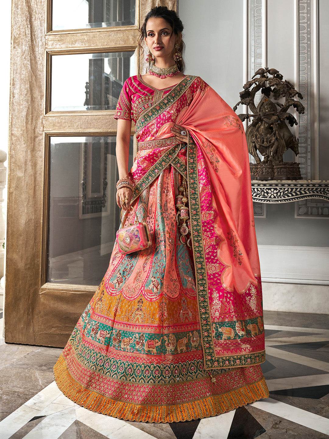 Multicolor & Pink Banarasi Silk Semi Stitched Lehenga