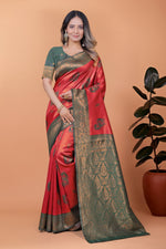 image, Elegant Red and Green Silk Saree with Golden Zari Work – Traditional Indian Sari for Women