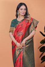 image, Elegant Red and Green Silk Saree with Golden Zari Work – Traditional Indian Sari for Women