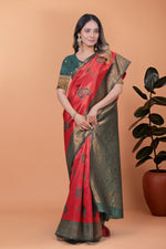 image, Elegant Red and Green Silk Saree with Golden Zari Work – Traditional Indian Sari for Women