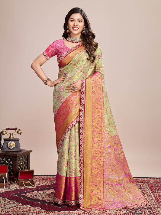 Women's Light Green & Rani Pink Banarasi Silk Saree with Rich Zari Weaving