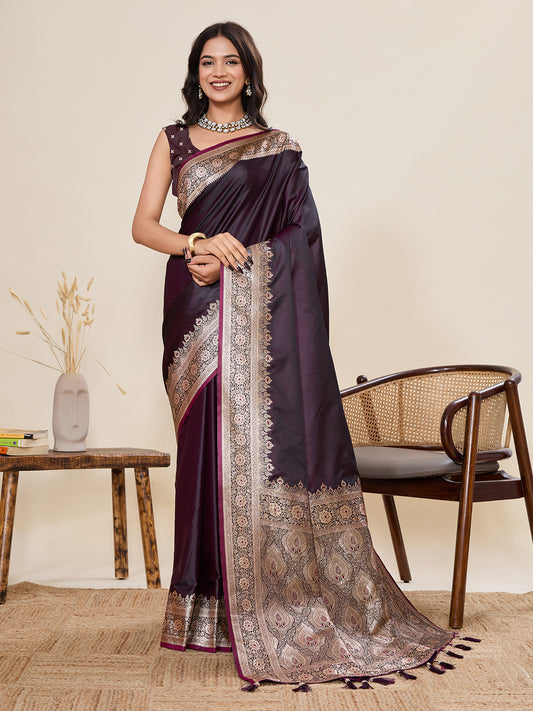 Women's Wine Banarasi Silk Saree with Rich Zari Border & Designer Pallu