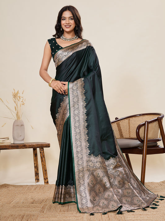 Dark Green Banarasi Soft Silk Saree with Rich Zari Woven Border & Tassels