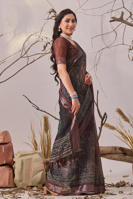 Women's Premium Linen Silk Saree with Woven Border & Tassels