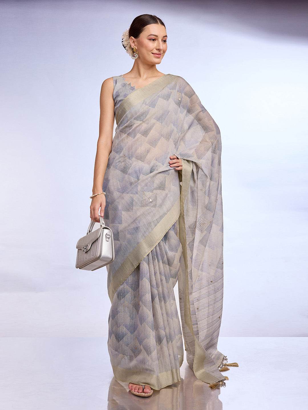 Grey Tissue Linen Saree With Blouse Piece