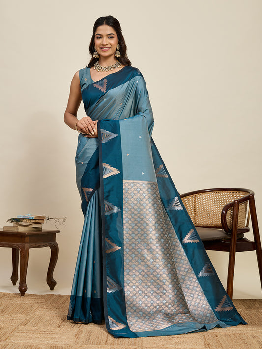 Women's Sky Blue & Teal Blue Soft Silk Woven Saree with Rich Zari Border