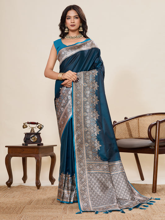 Navy Blue Banarasi Soft Silk Saree with Heavy Silver Zari Woven Border & Rich Pallu