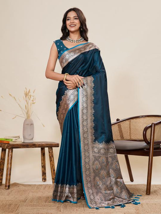 Women's Teal Blue Banarasi Silk Saree with Rich Zari Border & Designer Pallu