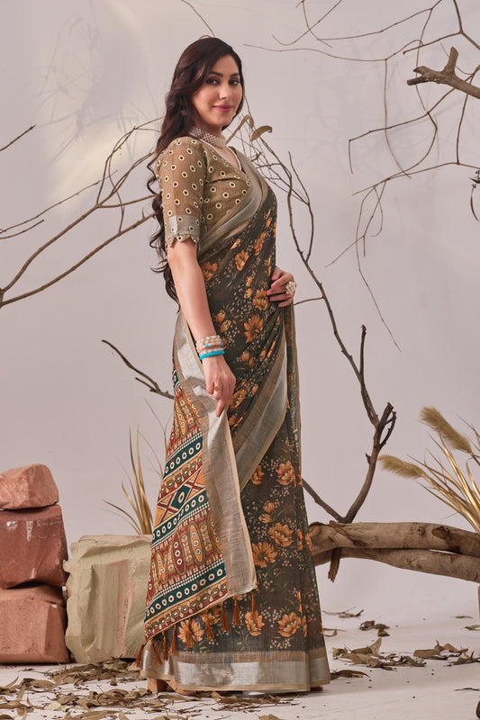 Women's Premium Linen Silk Floral Printed Saree with Woven Border & Tassel Pallu