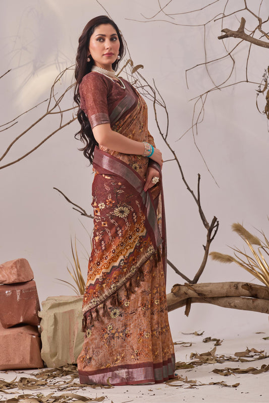 Women's Premium Linen Silk Floral Printed Saree with Elegant Woven Border & Tassel Pallu