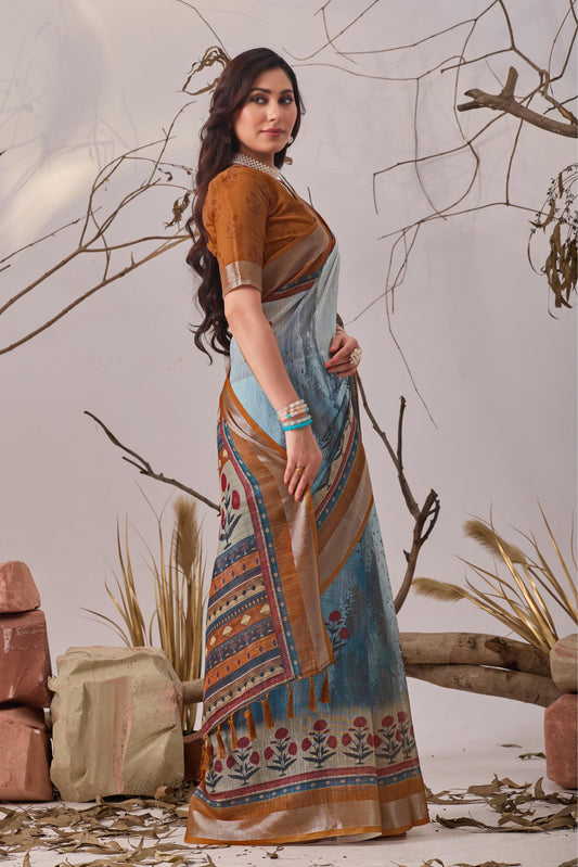 Women's Premium Linen Silk Printed Saree with Traditional Floral Border & Tassel Pallu