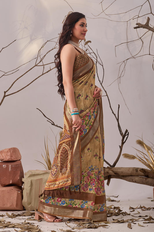 Women's Premium Linen Silk Floral Printed Saree with Rich Woven Border & Tassel Pallu