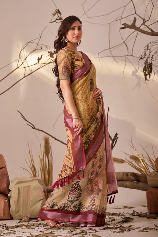 Women's Premium Linen Silk Floral Printed Saree with Maroon Woven Border & Tassel Pallu
