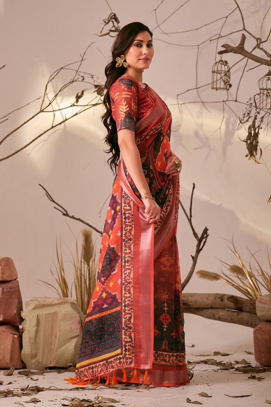 Women's Premium Linen Silk Ikat Printed Saree with Coral Pink Woven Border & Tassel Pallu