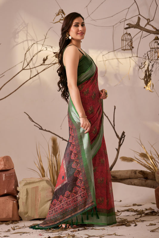Women's Premium Linen Silk Traditional Printed Saree with Green Woven Border & Designer Tassel Pallu