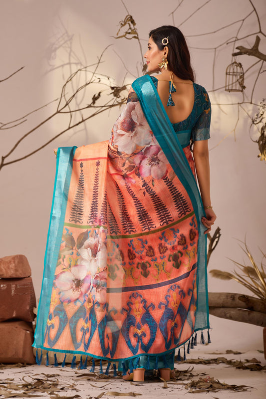 Women's Premium Linen Silk Floral Printed Saree with Teal Blue Woven Border & Designer Tassel Pallu