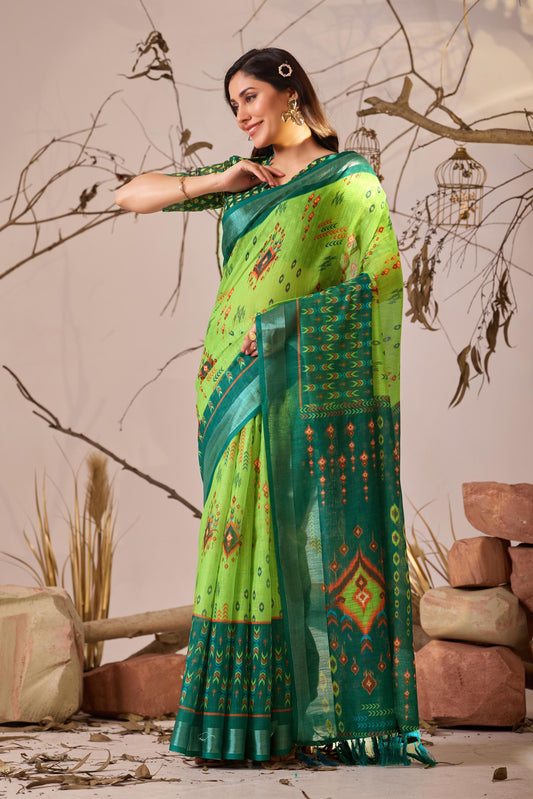 Women's Premium Linen Silk Ikat Printed Saree with Emerald Green Woven Border & Designer Tassel Pallu