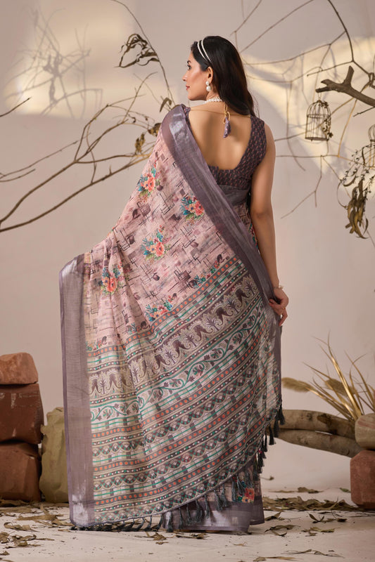 Women's Premium Linen Silk Floral Printed Saree with Lavender Woven Border & Designer Tassel Pallu