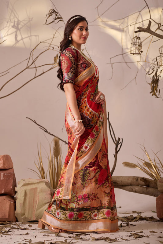Women's Premium Linen Silk Floral Printed Saree with Beige Woven Border & Designer Tassel Pallu