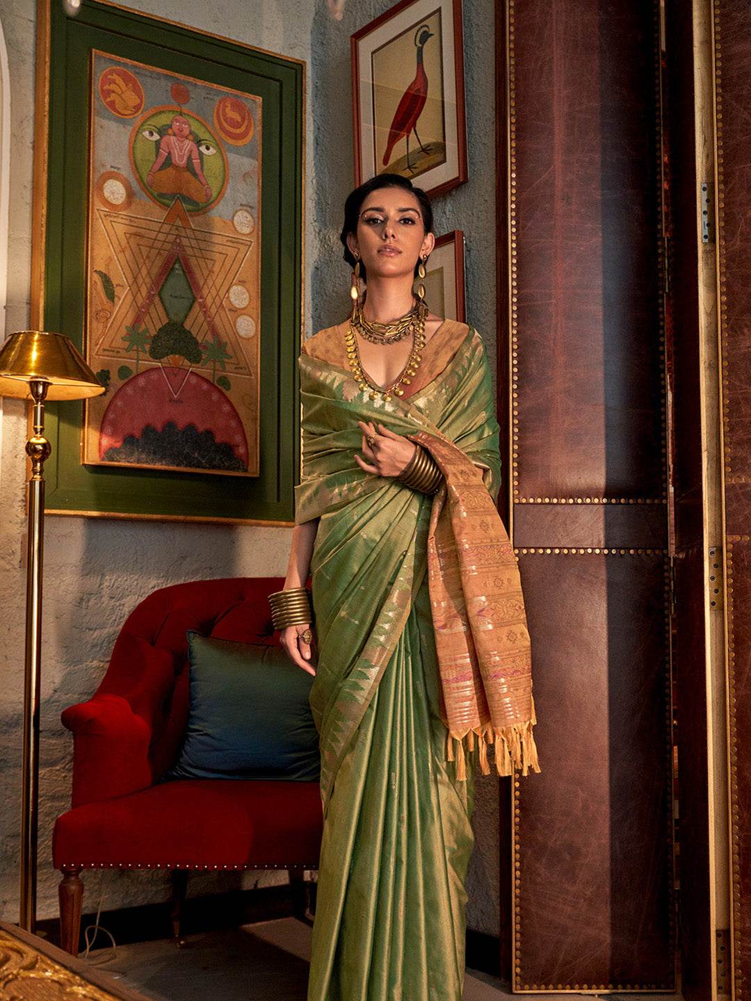 Green Tussar Silk Blend Saree With Blouse Piece