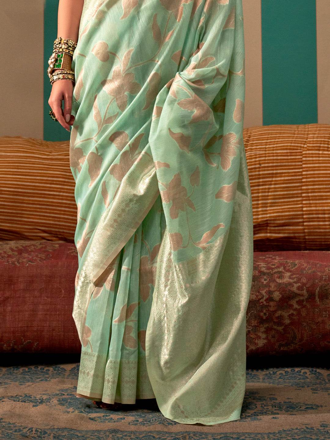 Bottle Green Party Wear Linen Saree With Blouse Piece