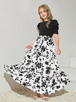 image, Girls Black Puff Sleeve Top with White Floral Maxi Dress