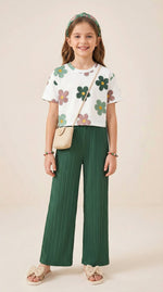 image, Girls Floral Printed Top with Green Wide Leg Palazzo Pants Set