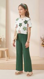 image, Girls Floral Printed Top with Green Wide Leg Palazzo Pants Set