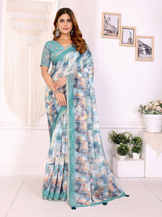 Premium Linen Cotton Abstract Printed Saree with Elegant Sea Green Border