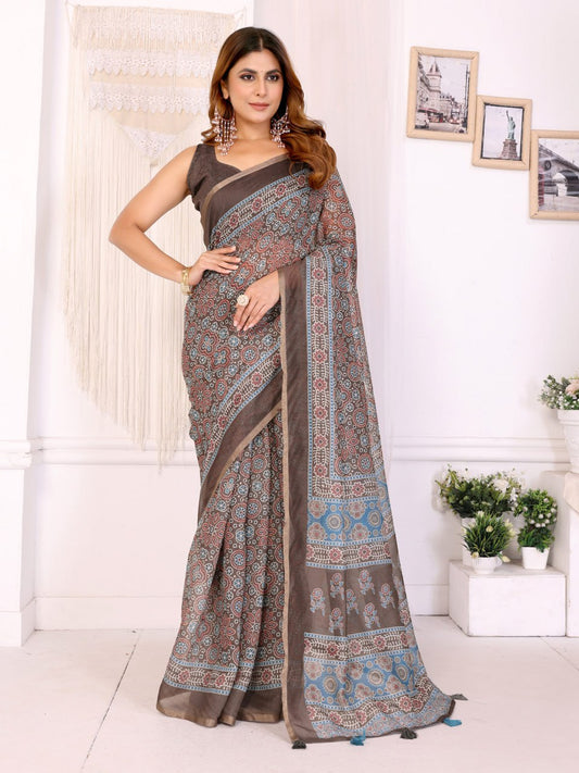 Premium Linen Cotton Ajrakh Printed Saree with Elegant Brown Border
