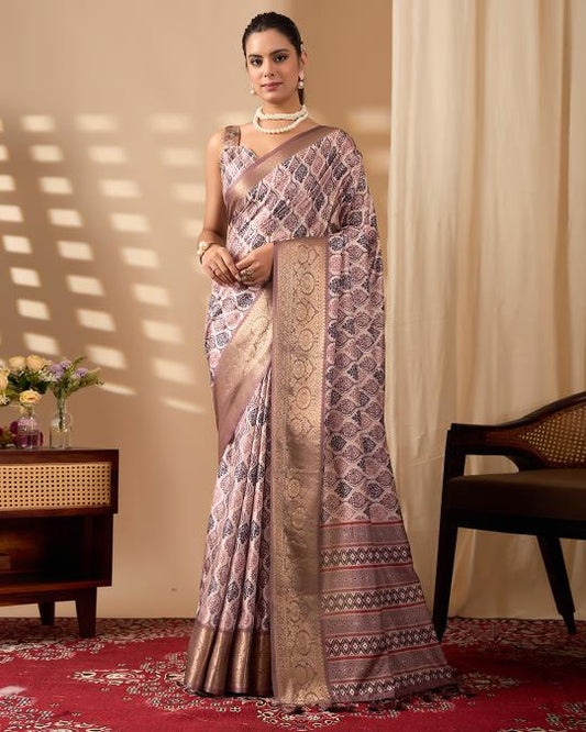 Premium Soft Silk Geometric Printed Saree with Rich Mauve Zari Woven Border