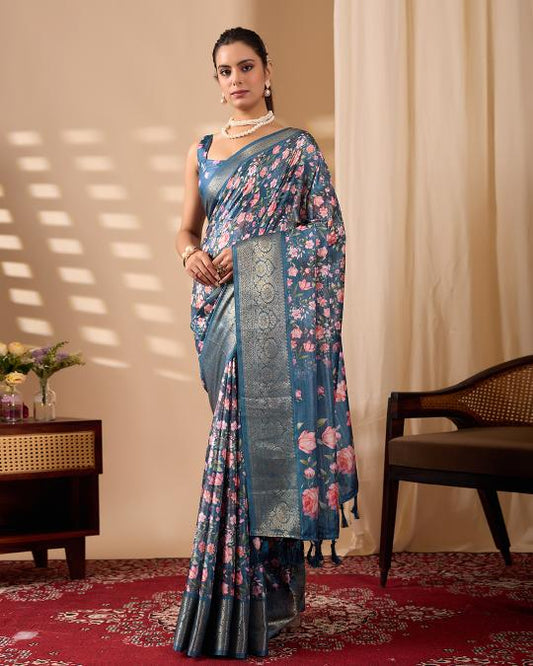 Premium Soft Silk Floral Printed Saree with Rich Silver Zari Woven Border