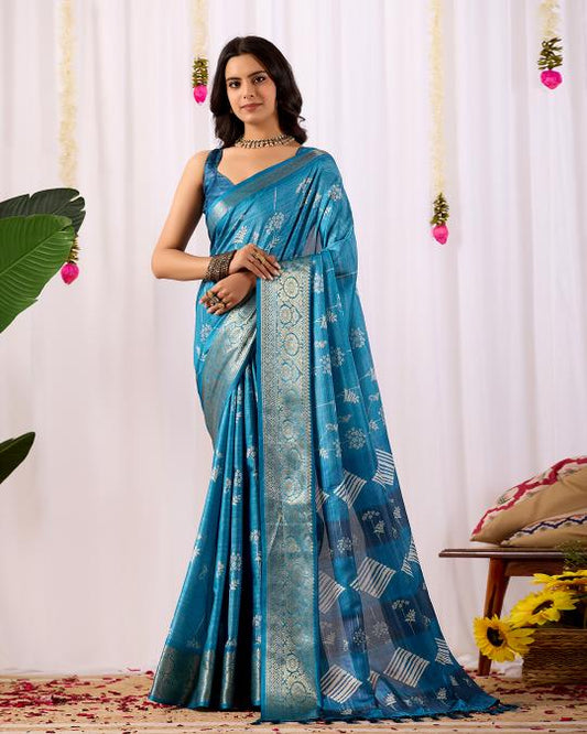 Premium Soft Silk Blue Floral Woven Saree with Rich Silver Zari Border