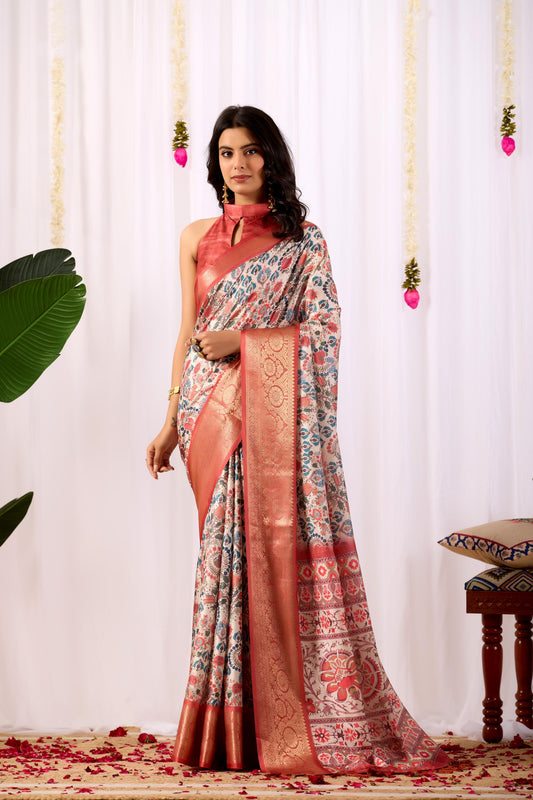 Premium Soft Silk Floral Printed Saree with Rich Copper Zari Woven Border