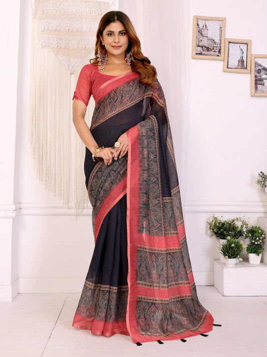 Premium Linen Cotton Paisley Printed Saree with Elegant Coral Pink Border