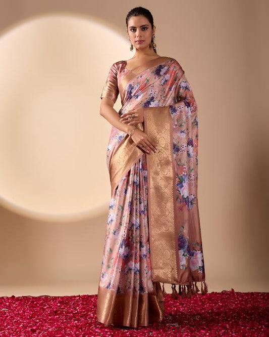 Premium Soft Silk Floral Printed Saree with Rich Gold Zari Woven Border