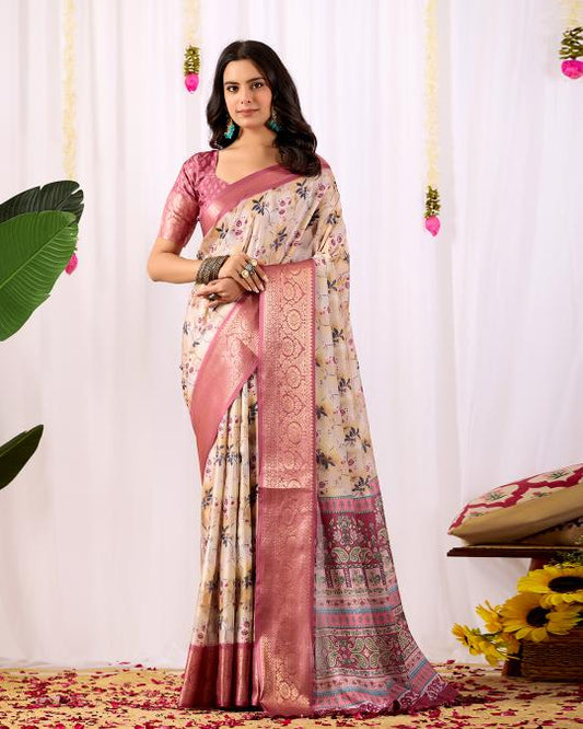 Premium Soft Silk Floral Printed Saree with Rich Pink Zari Woven Border