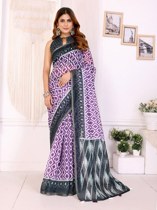 Premium Linen Cotton Ikat Printed Saree with Elegant Charcoal Grey Border
