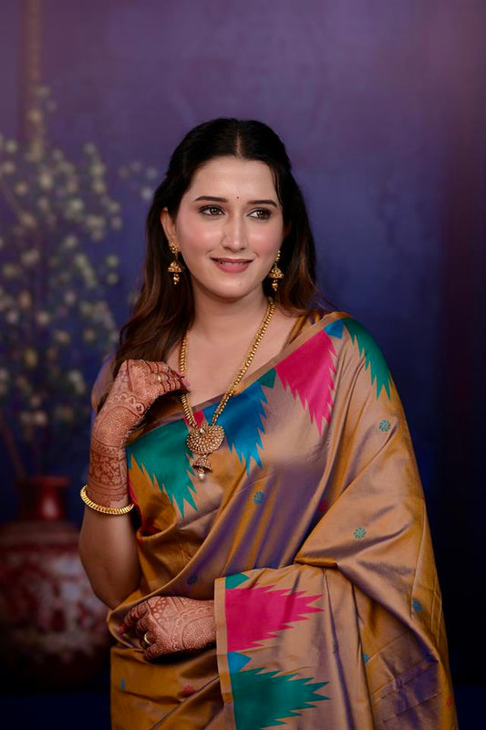 Golden Brown Banarasi Silk Saree with Multicolor Ikat Design & Rich Zari Woven Pallu