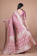 image, Elegant Pink Silk Saree with Silver Zari Work - Traditional Handwoven Indian Sari for Weddings, Festive Occasions & Parties