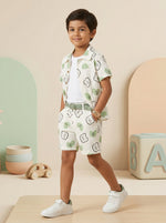 image, Boys White & Green Printed Co-Ord Set – Cotton Shirt & Shorts Summer Outfit for Kids