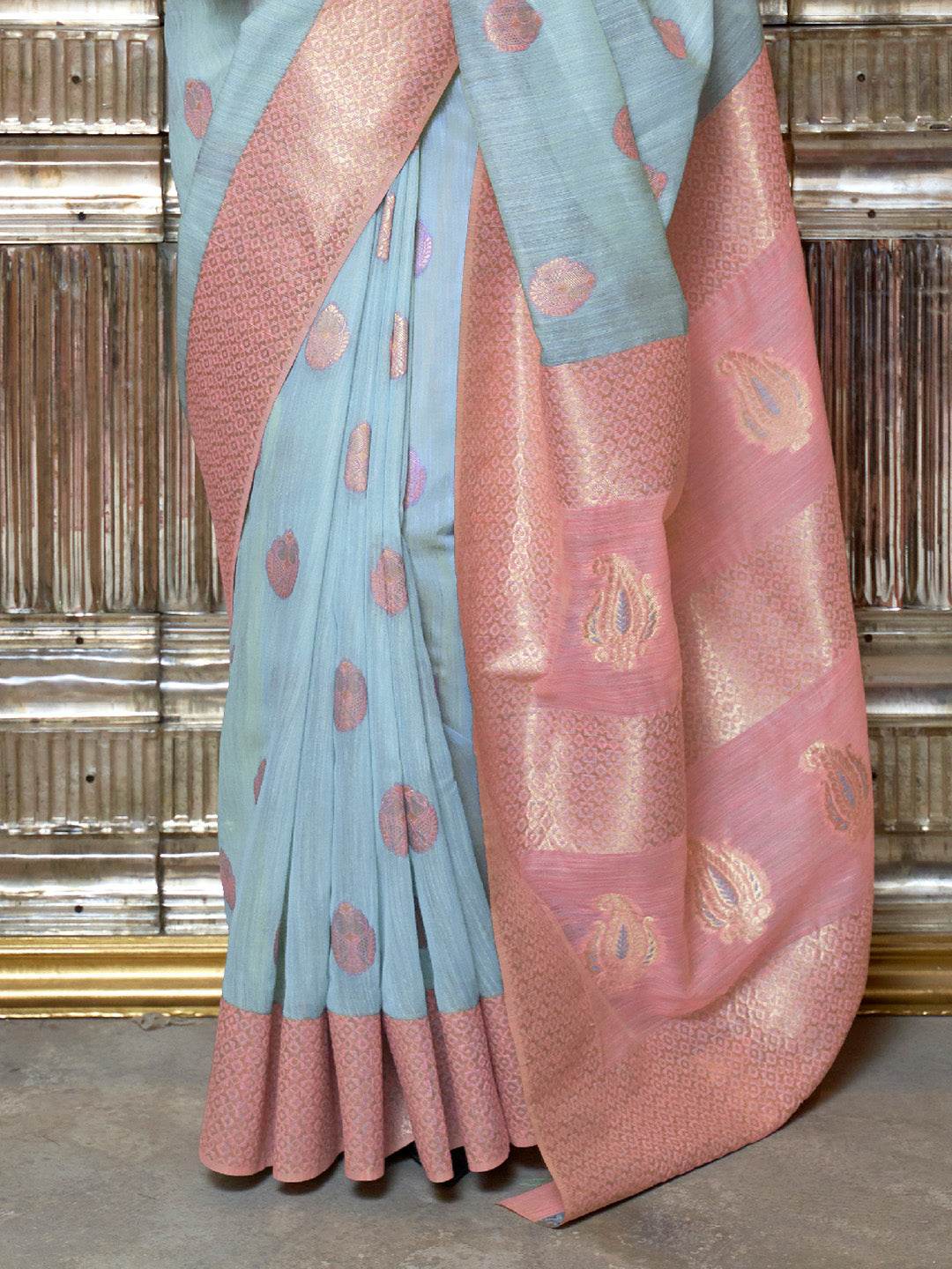 Blue Linen Silk Saree With Blouse Piece