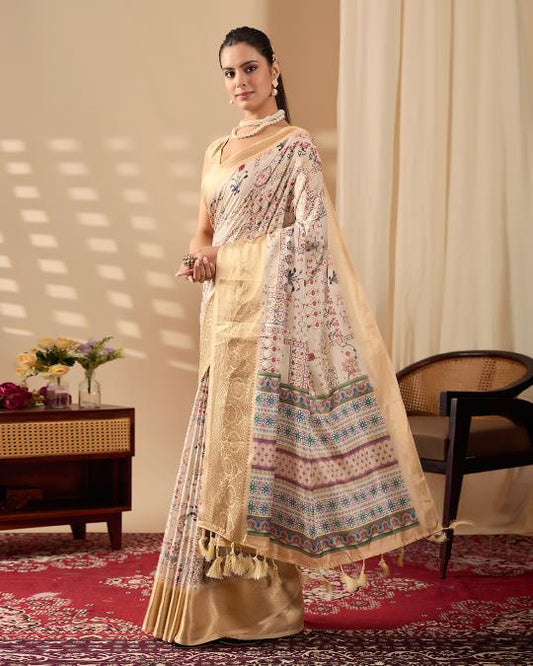 Premium Soft Silk Printed Saree with Rich Gold Zari Woven Border