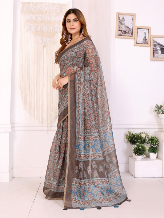 Premium Linen Cotton Ajrakh Printed Saree with Elegant Brown Border