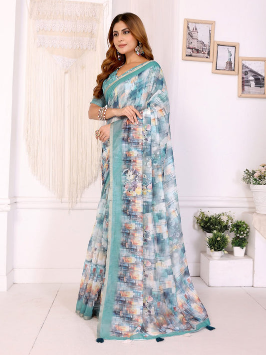 Premium Linen Cotton Abstract Printed Saree with Elegant Sea Green Border