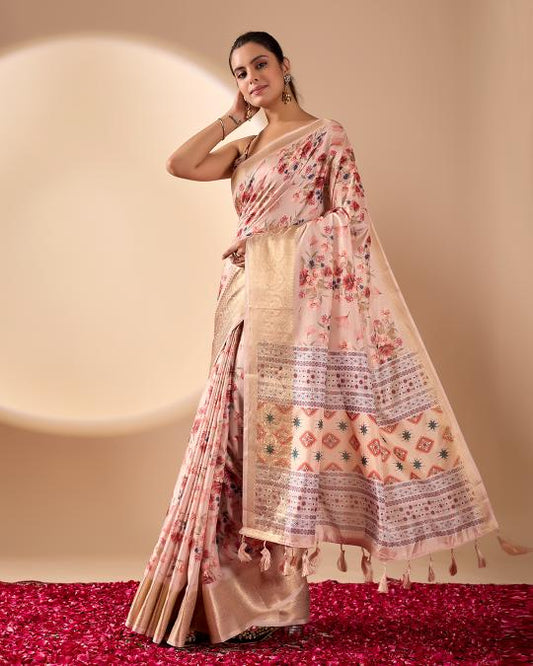 Premium Soft Silk Floral Printed Saree with Rich Gold Zari Woven Border